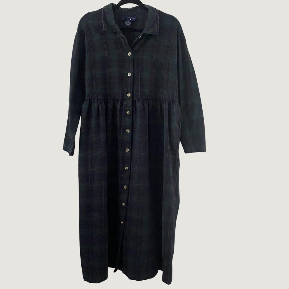 Vintage 90s Plaid Dress 1X Tartan Modest Prairie Cottagecore Dark Academia Prep